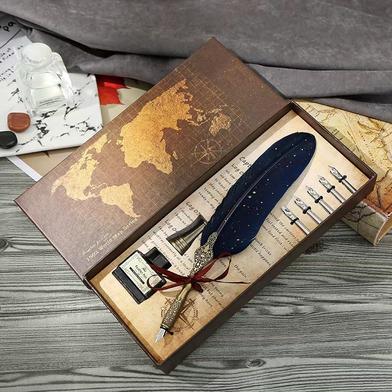 Retro European Feather Water Pen Pen Gift Box High-End Enterprise Advertising Gift Pen Carved Base Map Set Box