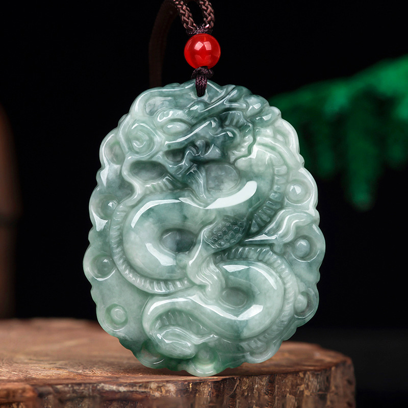 a货缅甸糯种飘花翡翠龙牌吊坠翠玉生肖龙挂件玉石玉器男款吊坠