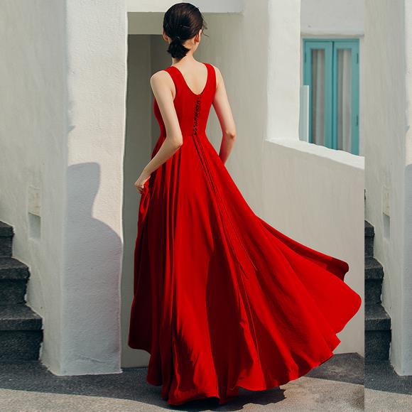 雪纺连衣裙女夏2018红色新款露背性感无袖裙子超长拖地大摆长裙