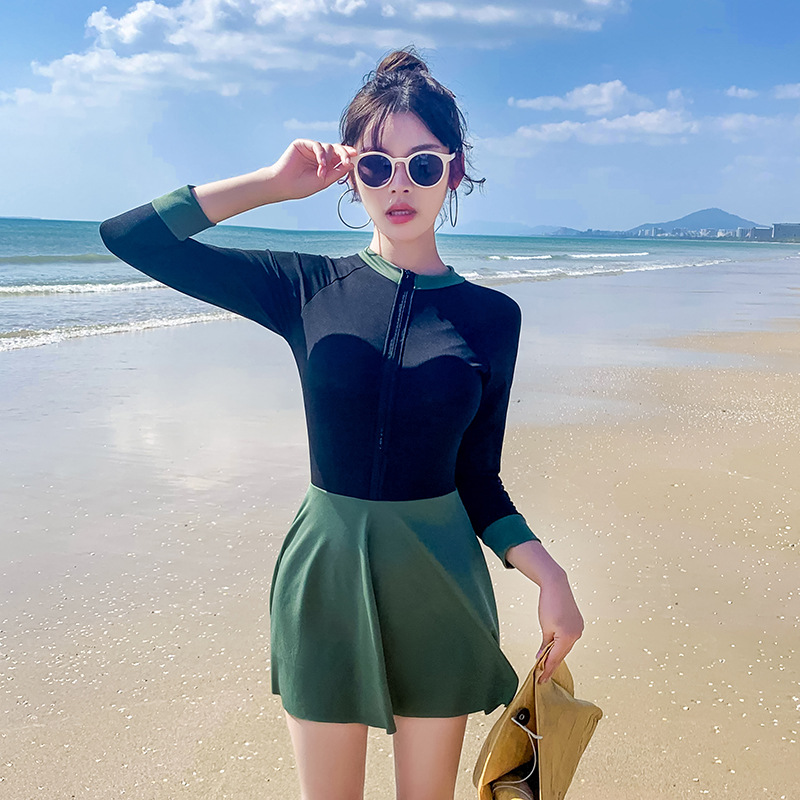 Sports Swimsuit for Women Siamese Cover Belly Thin Conservative Student Swimming Class Long Sleeve Sun Protection Korean Ins2021 New