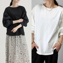 外单外贸日本韩国春夏秋冬简约圆领上衣打底衫泡泡袖衬衫女衬衣