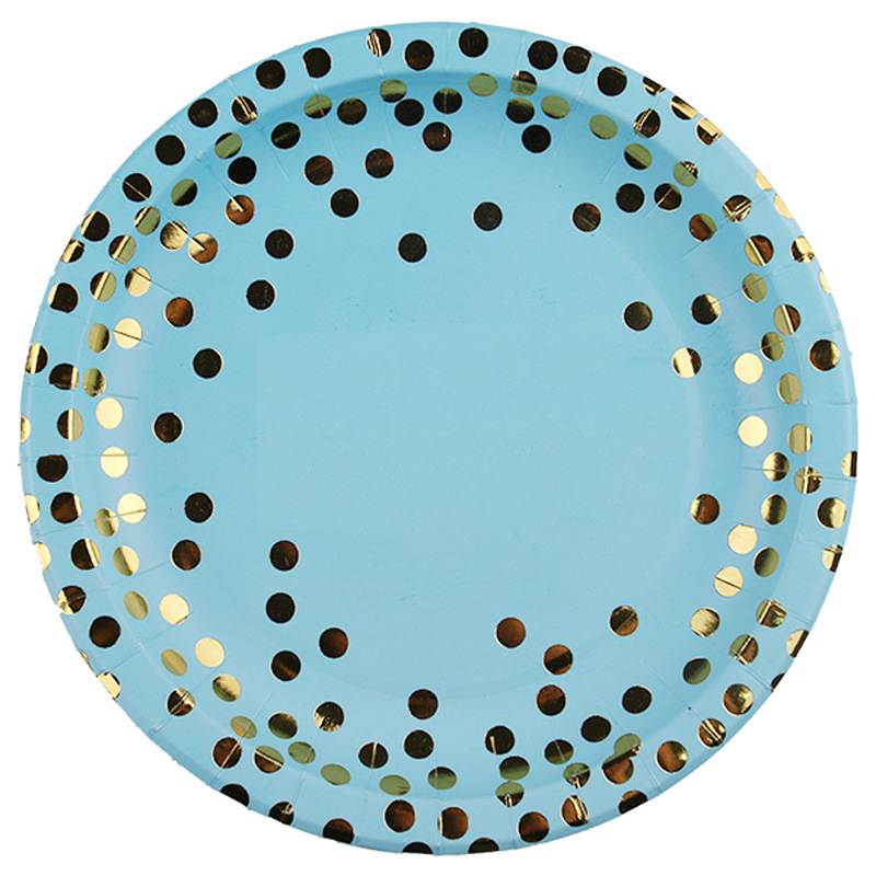 Gilding Dot Blue Set Polka Dot Birthday Tableware Disposable High-End Plate Dim Sum Plate Paper Cup Tissue Supplies