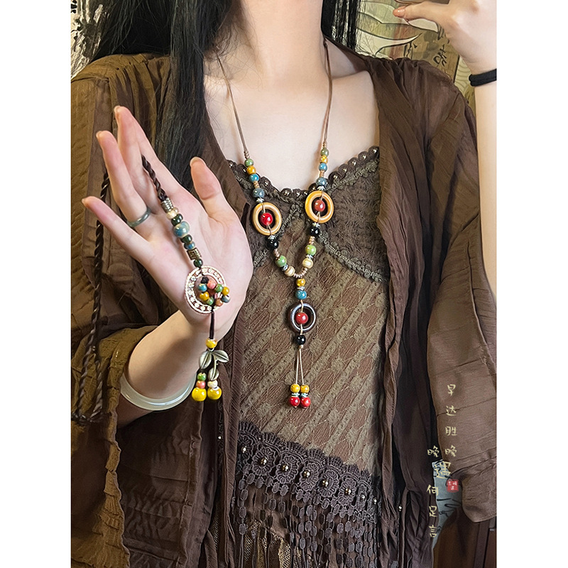 新中式彩珠民族风复古西米亚陶瓷编绳项链小众吊坠高级禅意配饰