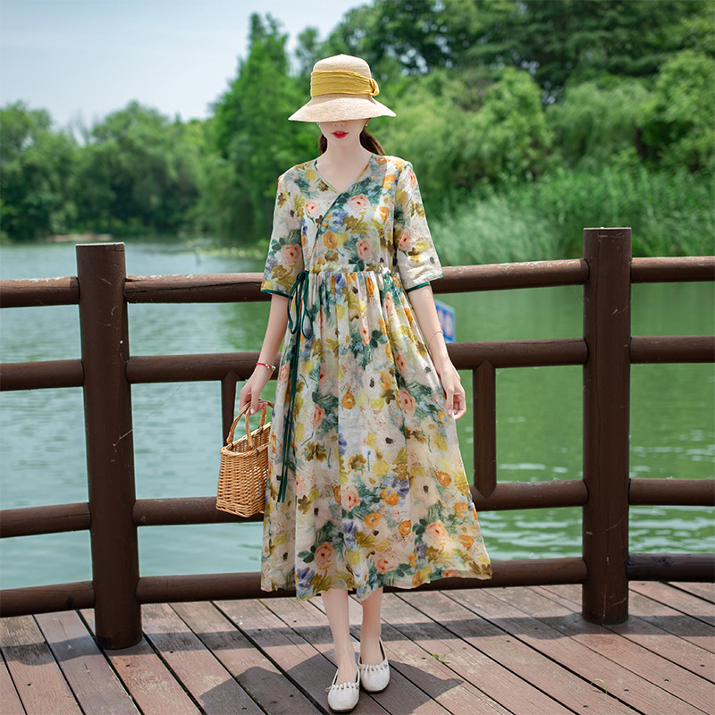 2022夏季新款纯苎麻连衣裙气质优雅高端抽绳收腰原创长款连衣裙女