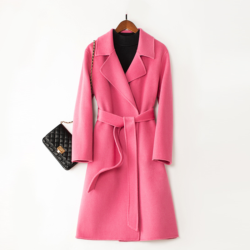 粉色双面羊绒大衣女长款过膝新款系带高端全羊毛呢秋冬外套批发