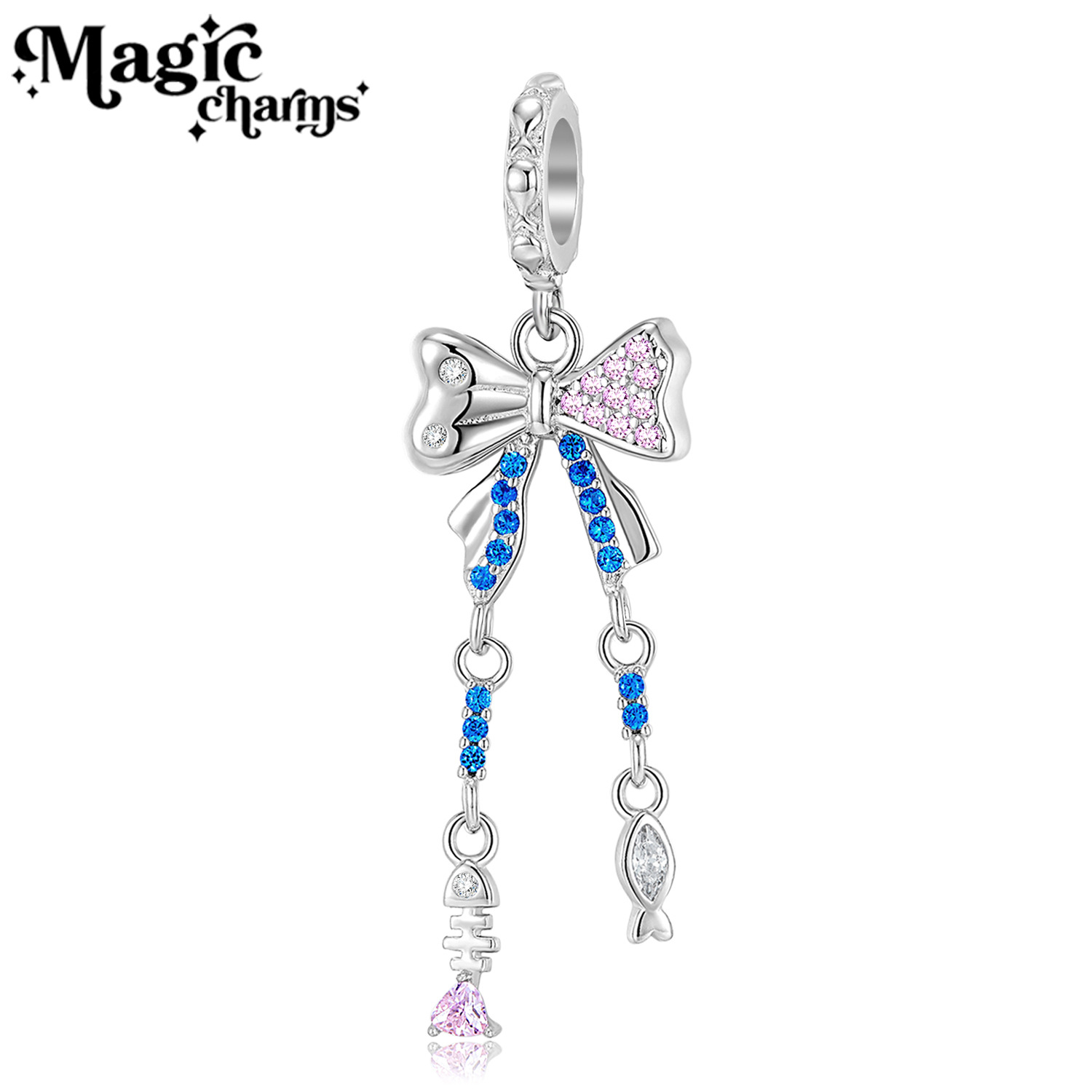 创意鱼骨蝴蝶结吊坠s925纯银蓝色手链项链diy串珠饰品配件批发