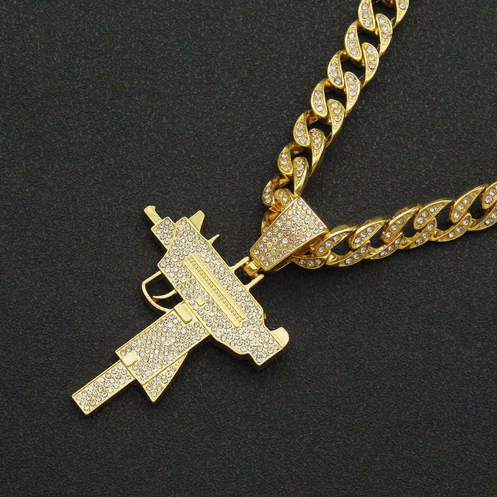 个性欧美夸张炫酷满钻枪吊坠项链潮人男士街头古巴链朋克配饰挂件