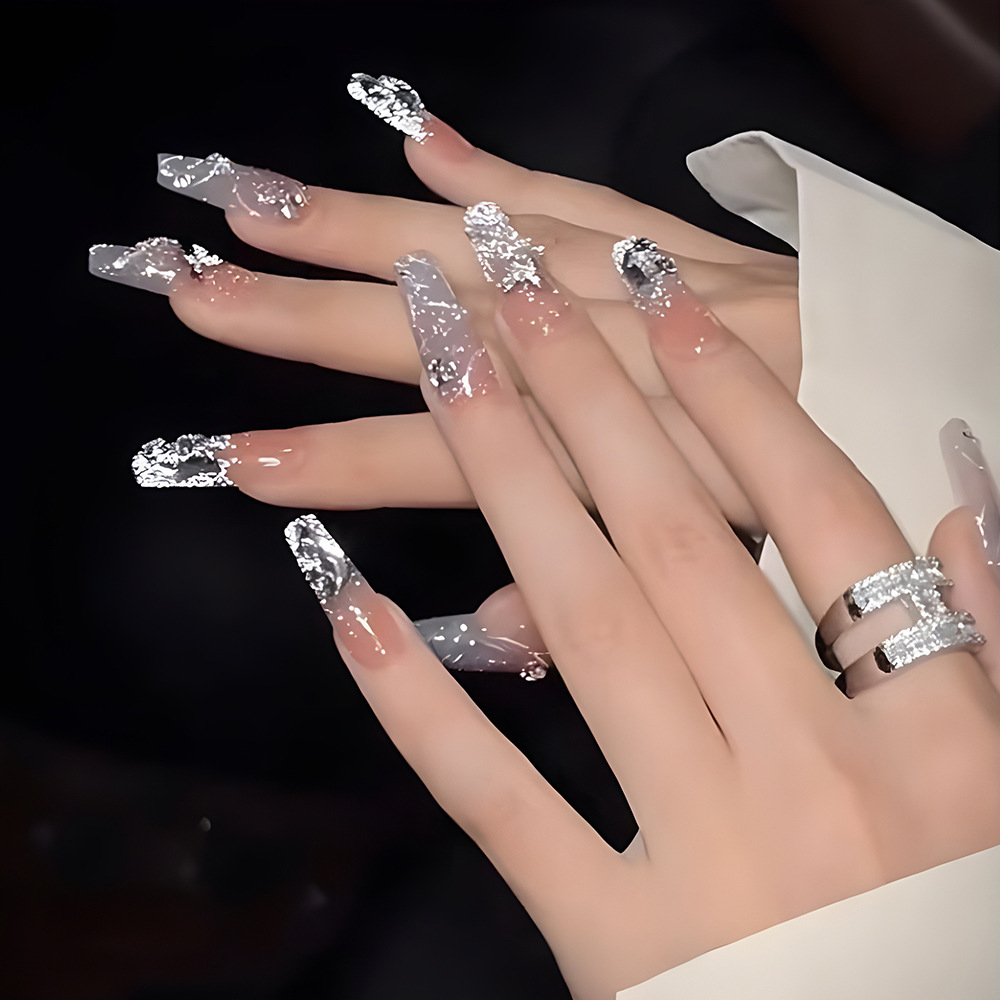 10片分码珍珠蝴蝶美甲 甜美纯欲梯形甲指甲贴片 手作光疗穿戴甲片