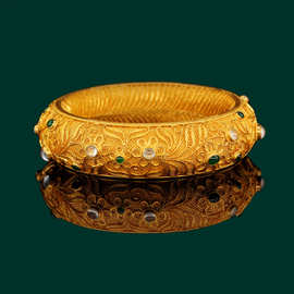 爱润珠宝 2021新品足金999宫廷编织古董古法黄金花丝镶嵌手镯礼品