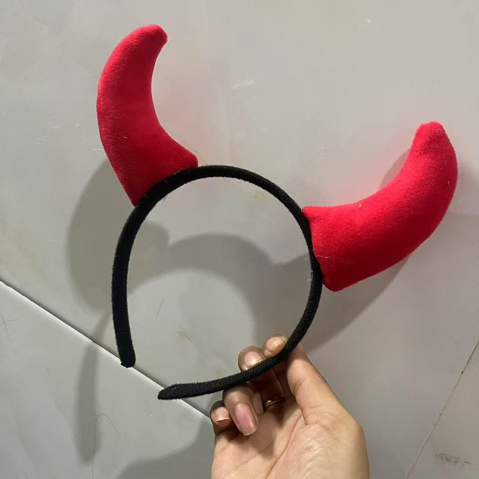 万圣节牛角发箍跨境热卖鬼节派对装扮红色恶魔头饰牛耳朵头箍发卡