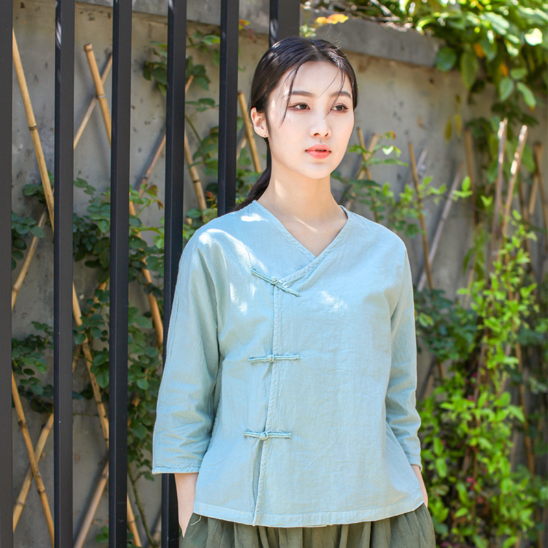 山自在 春款棉麻开衫 布衣茶服禅意v领三盘扣上衣803-阿里巴巴