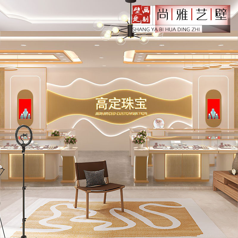 3d立体珠宝店展柜壁纸金银器玉石展厅图片高定首饰直播间背景墙纸