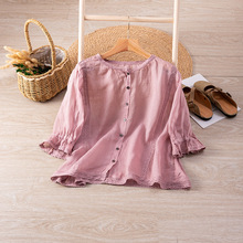 H2205-1法式复古藕紫色休闲衬衣花边领苎麻衬衫蕾丝文艺气质上衣