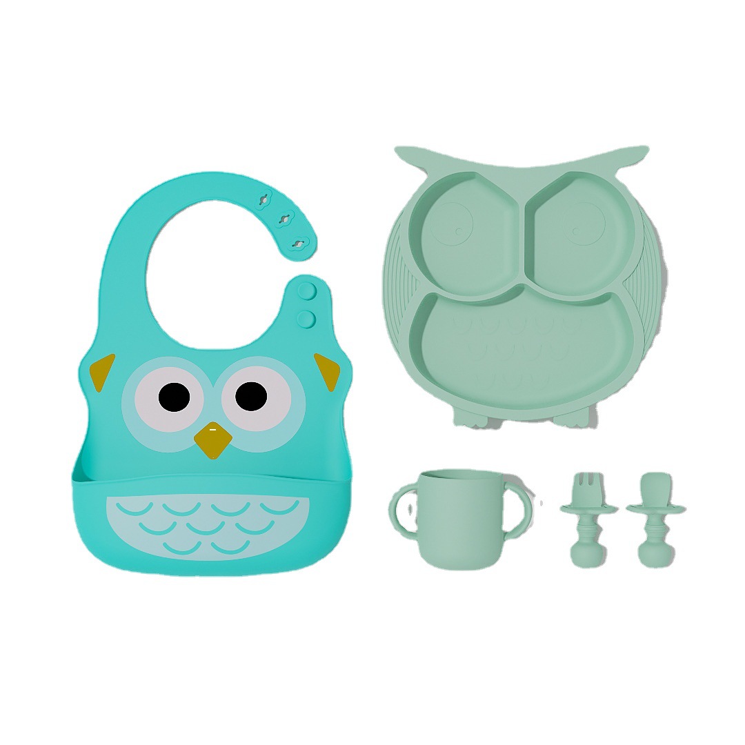 Owl Silicone Plate Bib Water Cup Spork Set Children's Tableware Set Baby Food Supplement Training Tableware