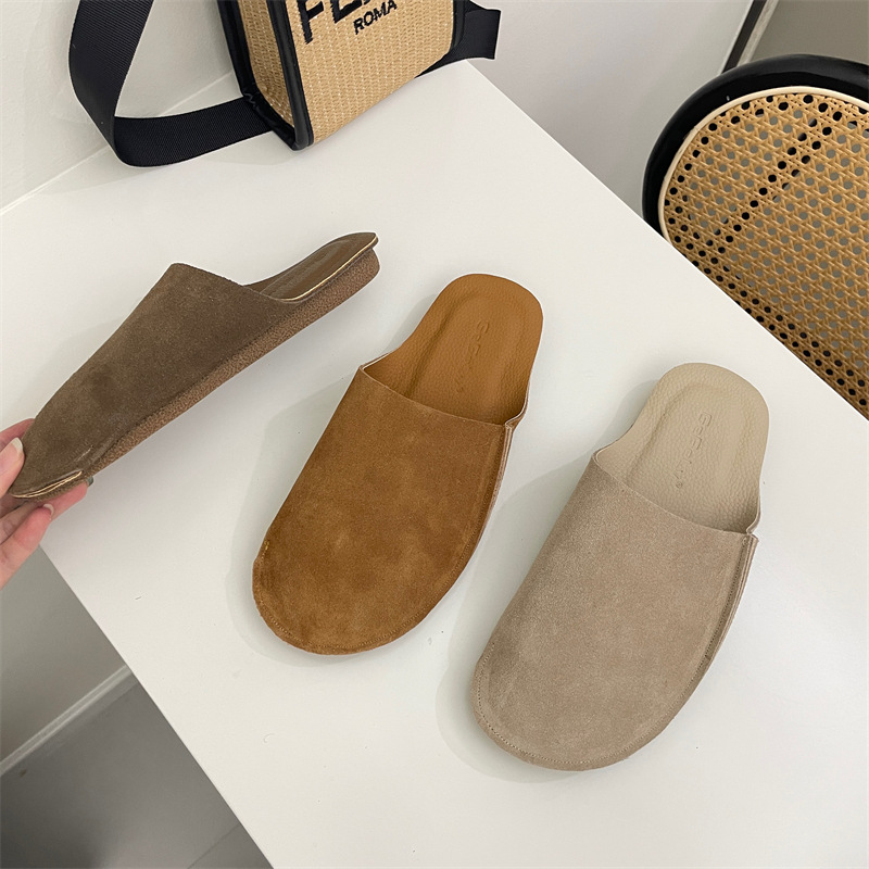 Luji Retro Frosted Leather Baotou Flat Semi Slippers Female 2023 New Outdoor Soft Bottom Slip-on Mu