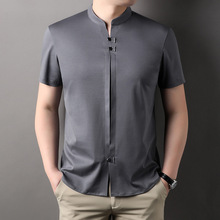丝光棉短袖T恤男士小立领夏季上衣新中国风圆领衬衫体恤衫设计感