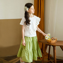 韩国2024夏季女童半身裙套装中大童圆领花边短袖公主裙时髦两件套