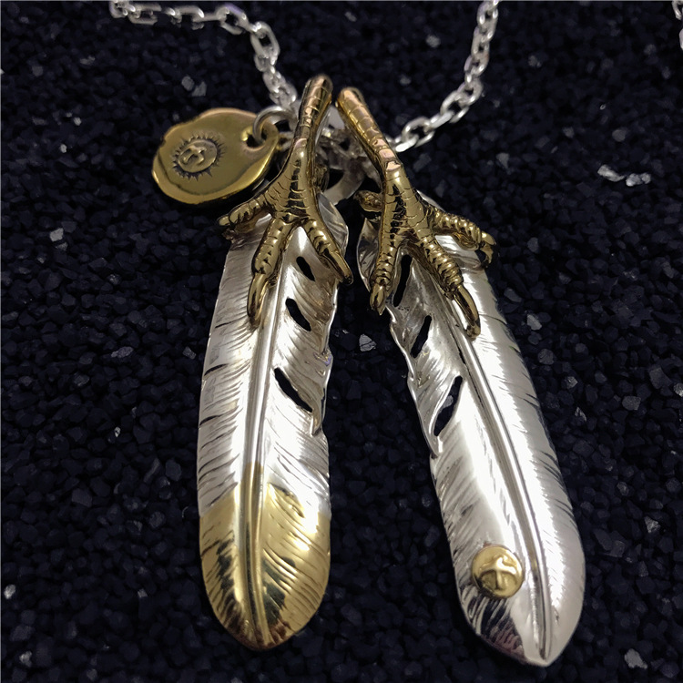 高桥吾郎goros正品复刻 印第安风格925纯银双鹰爪羽毛 老鹰项链