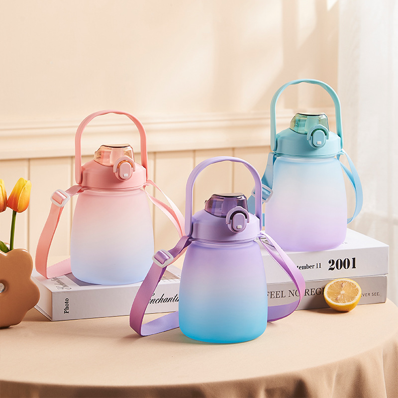 Internet Celebrity Gradient Big Belly Cup Large-Capacity Water Cup Cute Sticker Plastic Cup Sports Bottle Shoulder Strap Rope Holding Gift Cup