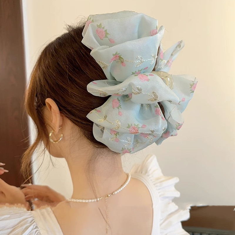 Feather Mesh Cloud Bubble Clip Double-Sided Bow Shark Clip Back Head Fluffy Hair-Showing Princess Head Clip