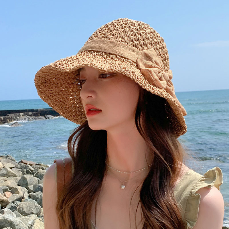 Straw Hat Women's Bow Woven Seaside Fisherman Hat Korean Style Fashionable Face-Covering Sun Hat Internet Celebrity Sun-Proof Sun-Proof Hat