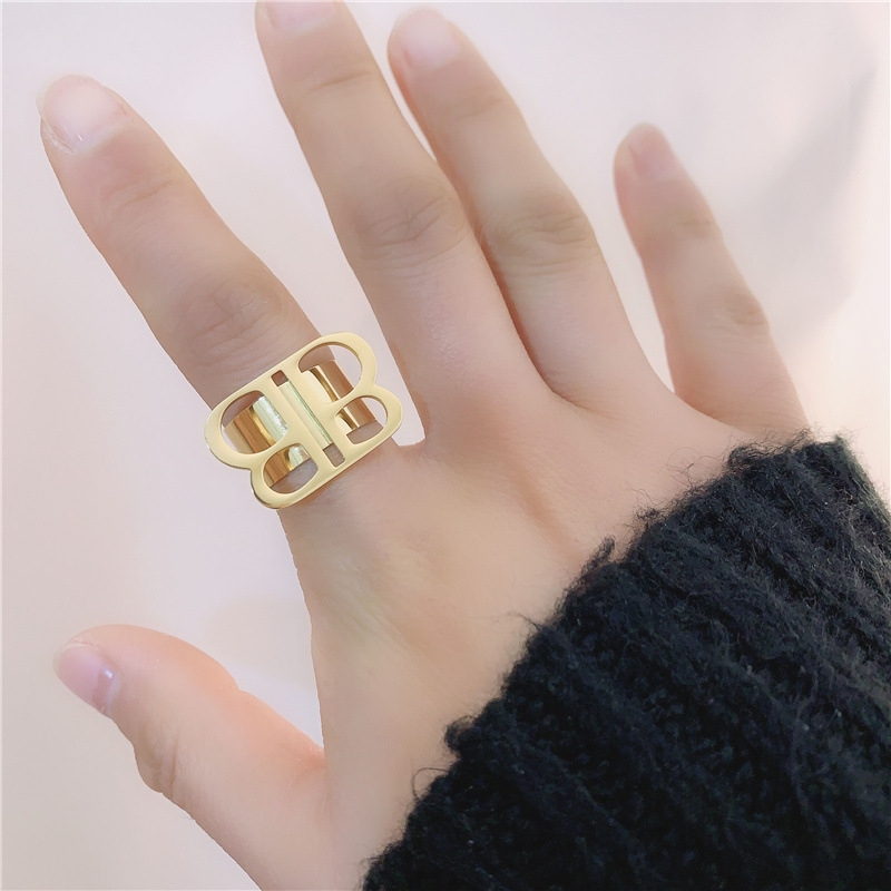 韩版新款亮金14k金b字开口戒指女ins风时尚字母宽版中指戒指