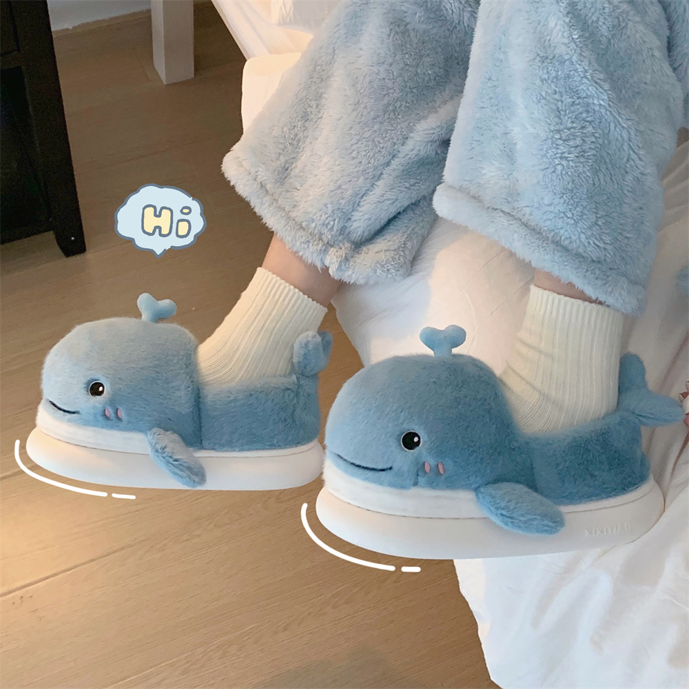 秋冬季室内软底舒适棉拖鞋女学生可爱立体鲸鱼全包跟保暖毛毛鞋