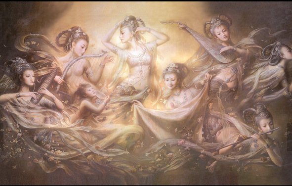 墙纸壁纸 客厅电视卧室背景墙大型壁画 敦煌飞天仙女仕女图瑜伽馆