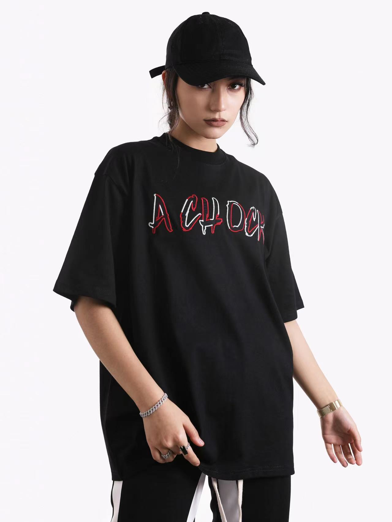 a chock国潮原创设计刺绣logo短袖宽松休闲情侣圆领套头打底衫t恤