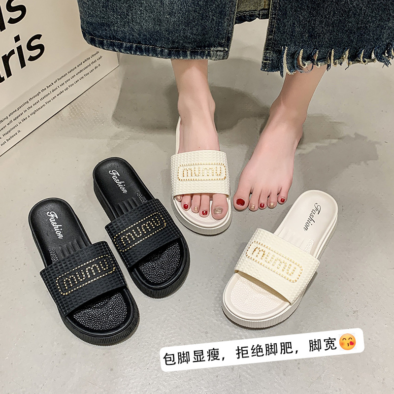 批发女生时尚拖鞋字母凉拖鞋时尚外穿一字拖厚底沙滩防滑潮流增高