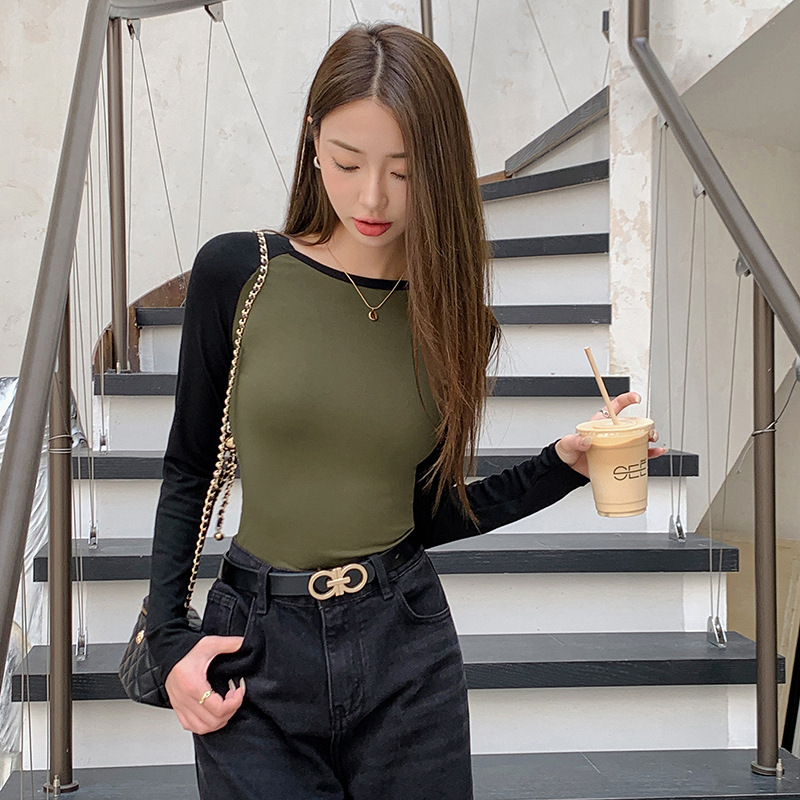 Raglan Sleeve round Neck T-shirt for Women 2023 Autumn Undershirt Contrast Color Top Korean Style Slim Fit Women Autumn Slimming Bottoming Shirt