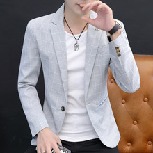 男士格子小西装青年韩版潮流修身型单西外套秋季男装休闲单件西服
