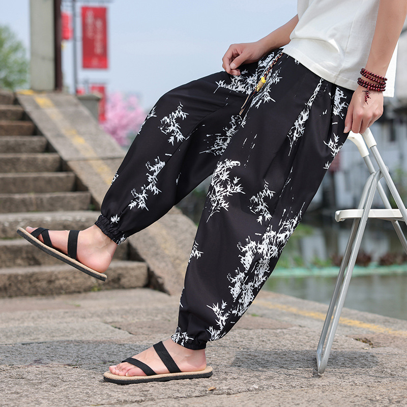 中国风夏季男士长裤宽松薄款花裤子休闲大码哈伦裤潮男裤a17-阿里巴巴