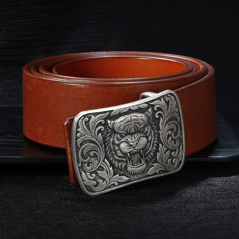 925纯银老虎头皮带防过敏平滑银扣男士裤腰带头3.