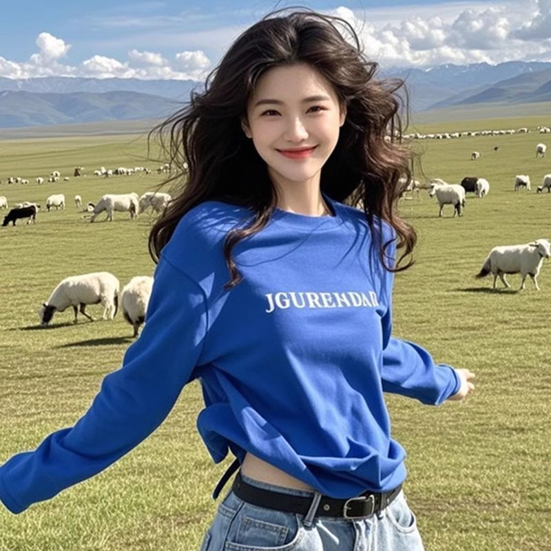 2025春季新款韩系小众休闲风克莱因蓝长袖t恤女春季上衣潮