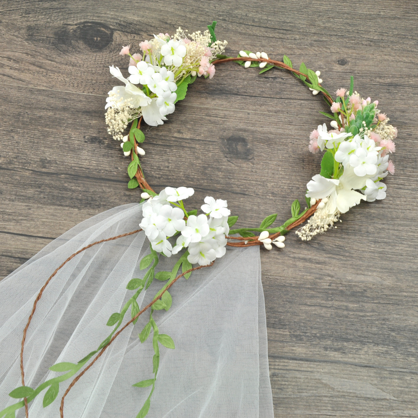 2021新娘头饰头纱花环甜美森系花环头纱白色头花发饰婚纱礼服