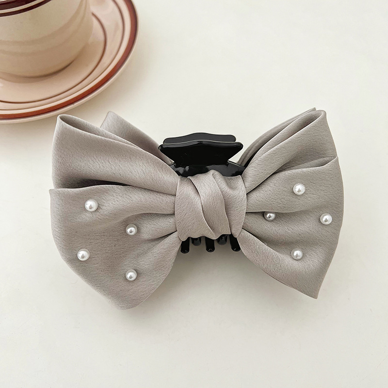 French Pearl Satin Clip Double-Layer Medium Black Bow Barrettes Shark Clip High-Grade Hair Accessories Grip