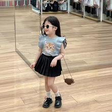 女童夏季韩版辣妹蓝色卡通猫咪风琴褶短袖T恤+黑色百褶裙分开拍