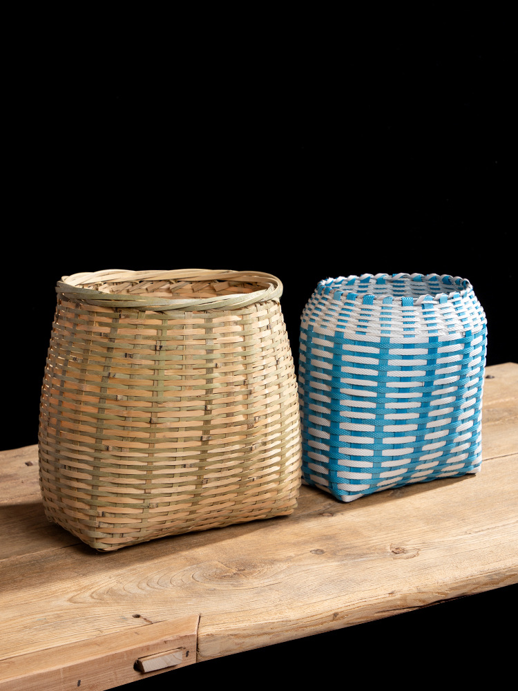 手工竹编采茶篓 大号 竹篮子 背篓 摘茶叶的篓子 塑料编织收纳筐