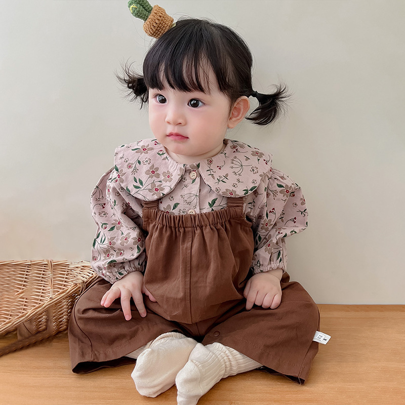 Korean Style Fashionable Floral Top Suspender Pants Two-Piece Suit Baby Romper Clothes Spring and Autumn Suit Baby Girl Baby Clothes