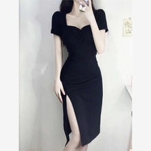 韩版连衣裙女中长款2024年夏季新款开叉赫本小黑裙修身显瘦包臀裙