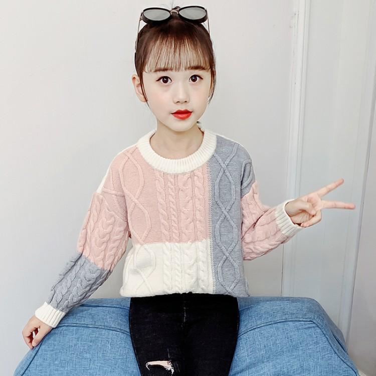 女童秋冬洋气拼色毛衣202新款韩版儿童打底针织衫女孩网红上衣潮