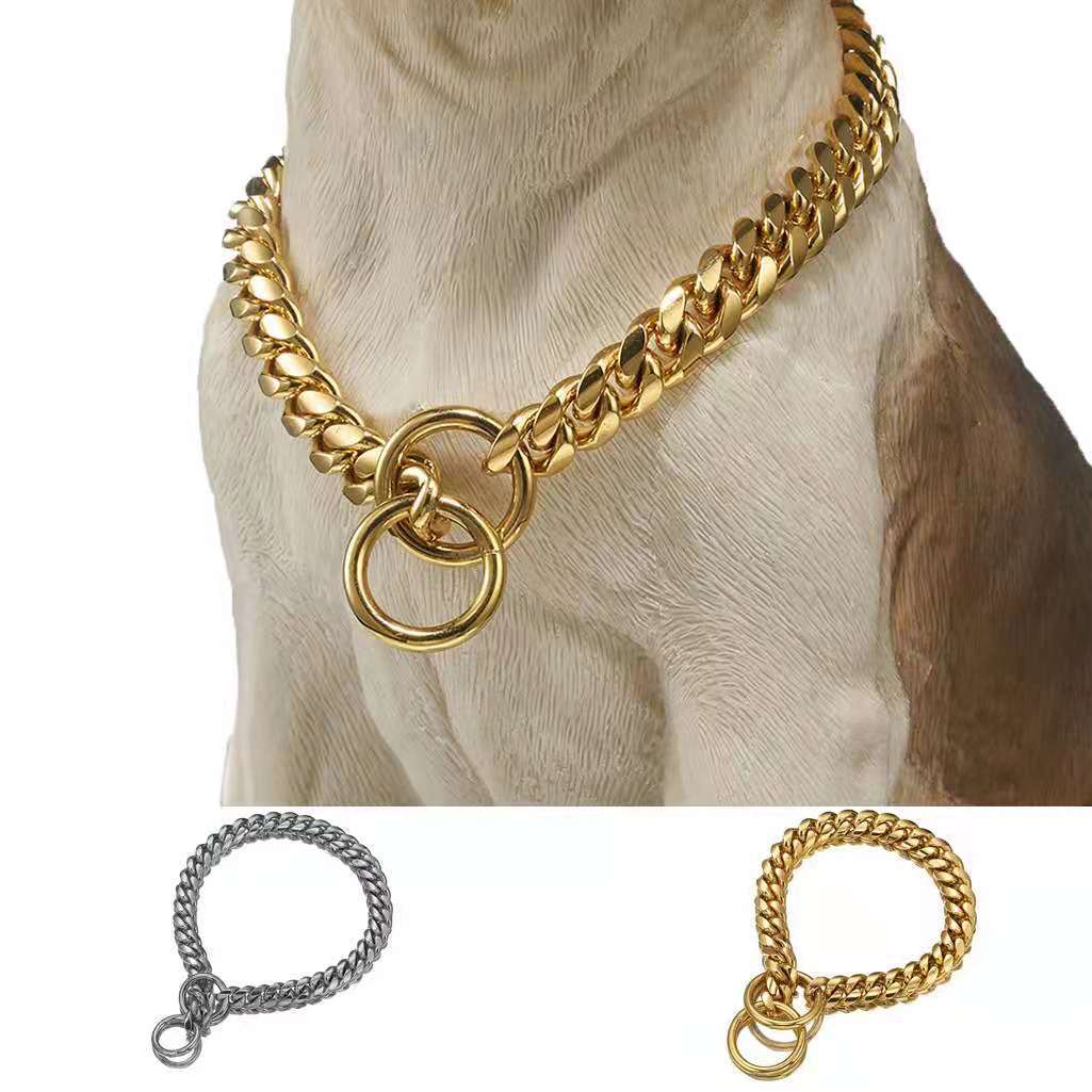 12mm不锈钢圆磨金狗链项圈皮绳镀金链子 比特犬宠物金色狗链子