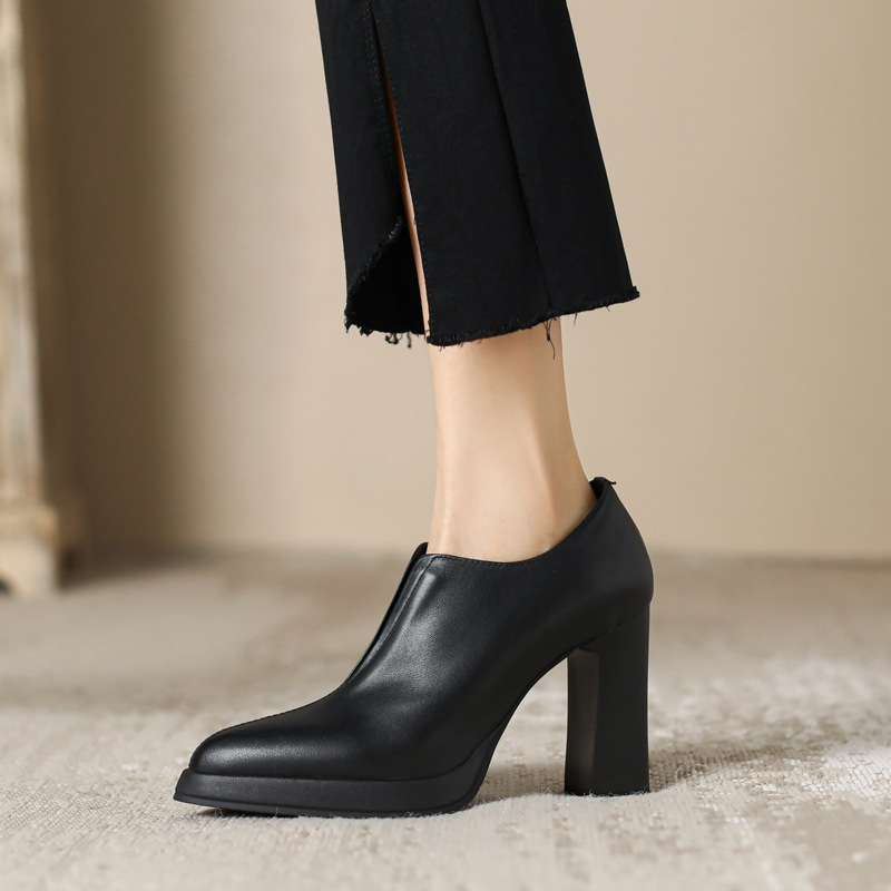 头层牛皮粗跟深口单鞋女高跟鞋秋冬新款女鞋简约通勤小皮鞋-阿里巴巴