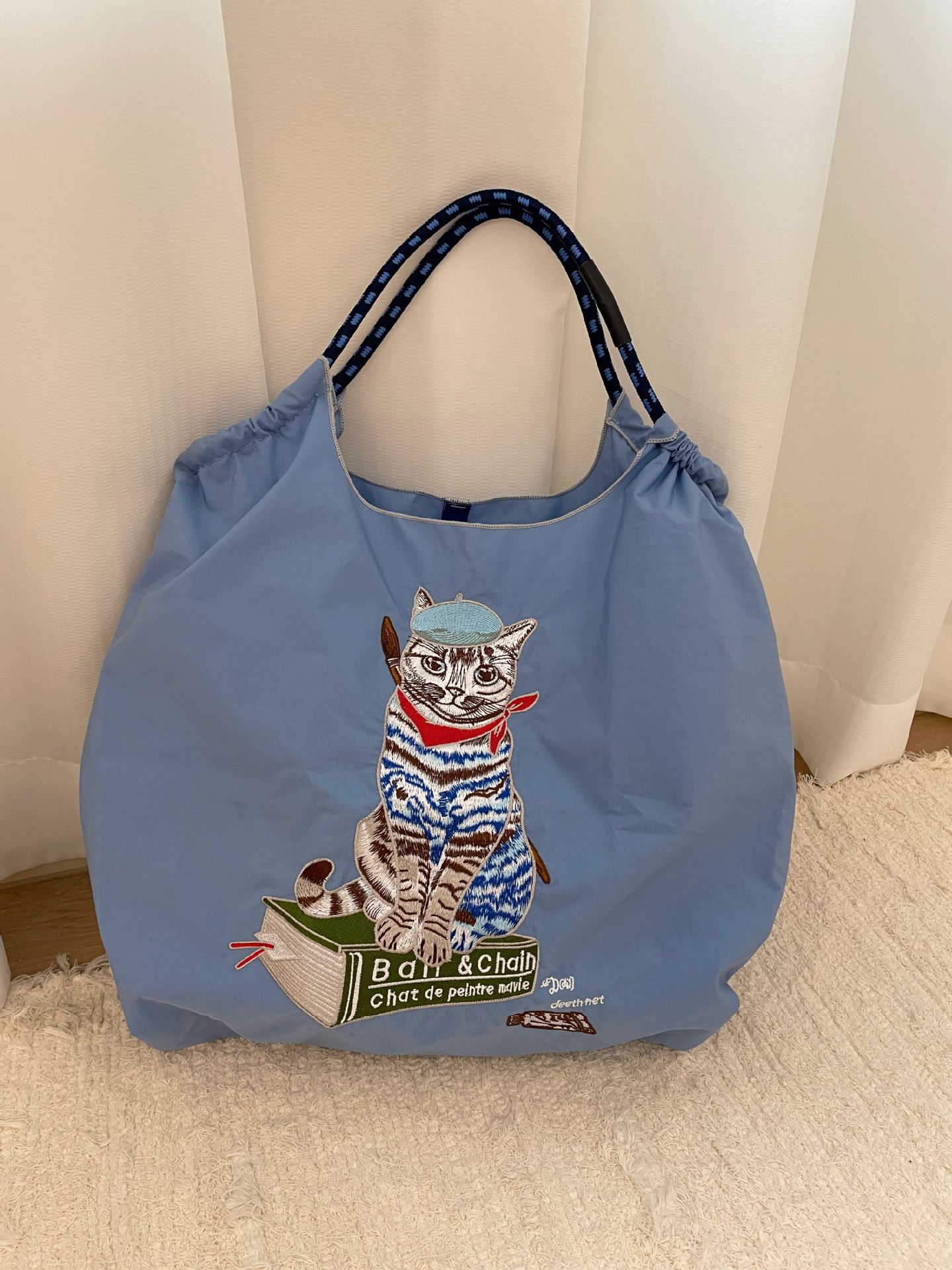 Japanese Same Style as Gao Yuanyuan's Painter Cat Embroidery Shopping Bag Large Capacity Nylon Eco-friendly Bag Portable Shoulder Messenger Bag