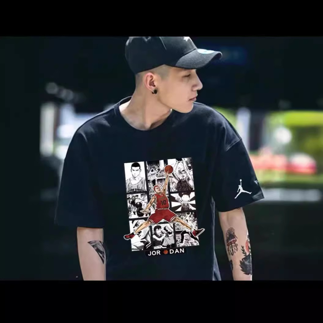 aj乔丹飞人夏季新款280克双纱,时尚港风圆领印花休闲短袖t恤衫