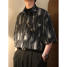 夏季美式复古宽松暗黑条纹短袖衬衫男韩版设计感版型上衣外穿