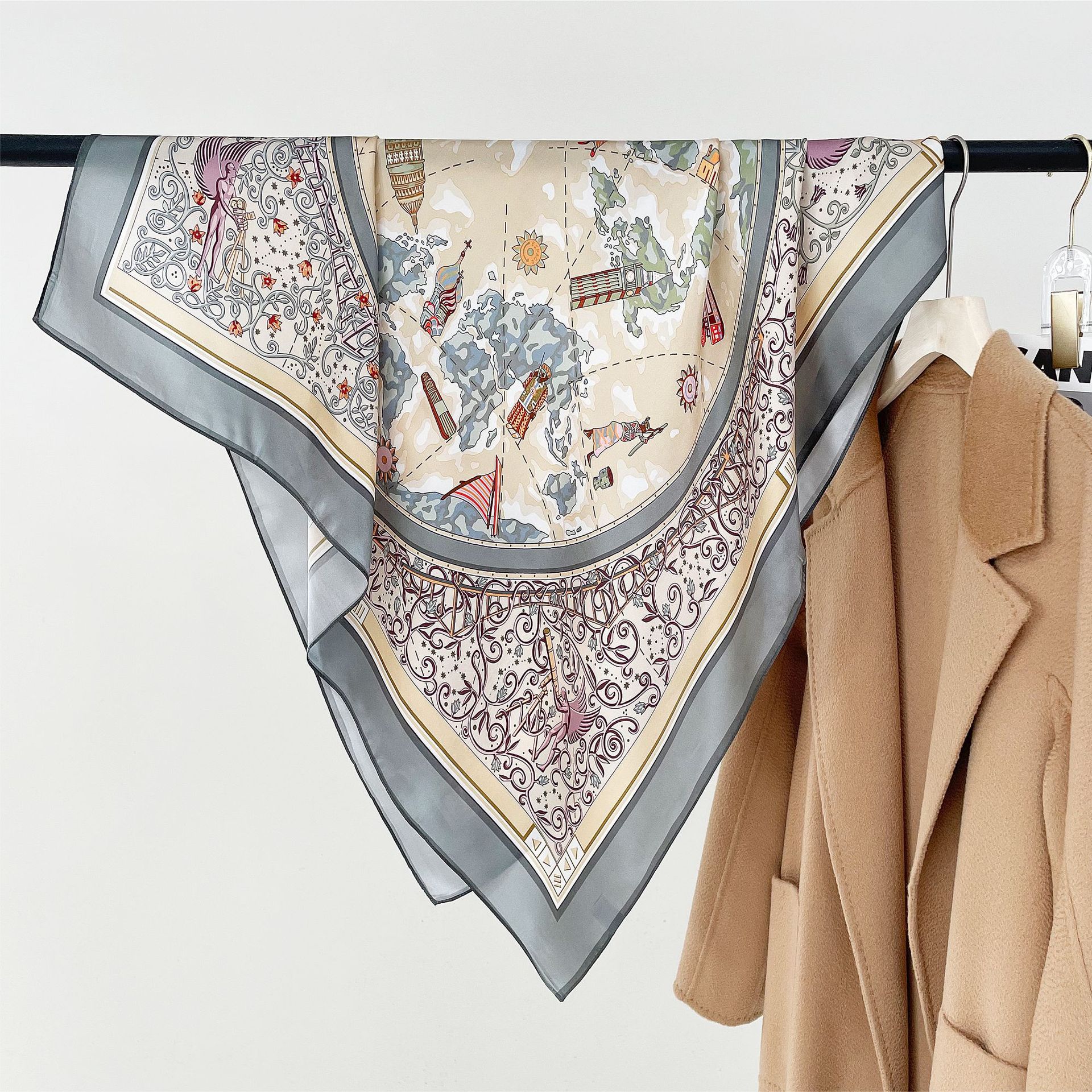 春秋素绉缎大披肩100%桑蚕丝真丝丝巾女亲肤优雅方巾薄款丝绸围巾