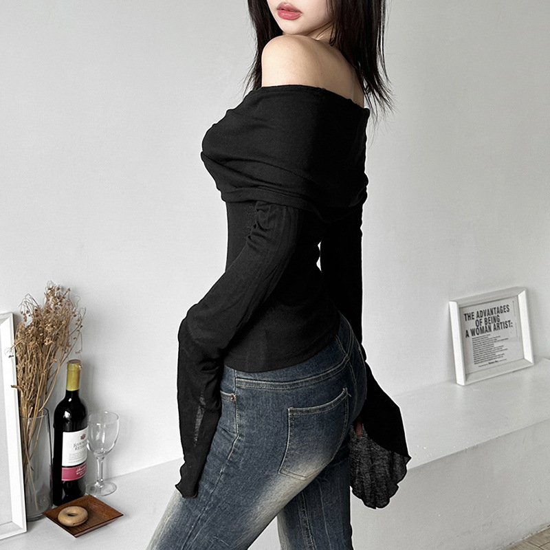 European and American Style 2023 Cross-Border Summer New Women's Clothing Solid Color Slim Fashion off-Neck Sexy Back-Exposed Long-Sleeved T-shirt Women Clothes