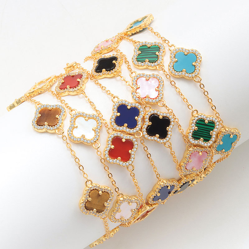 新品S925纯银手链女幸运四叶草白贝母绿松石黑玛瑙高级感精致手链